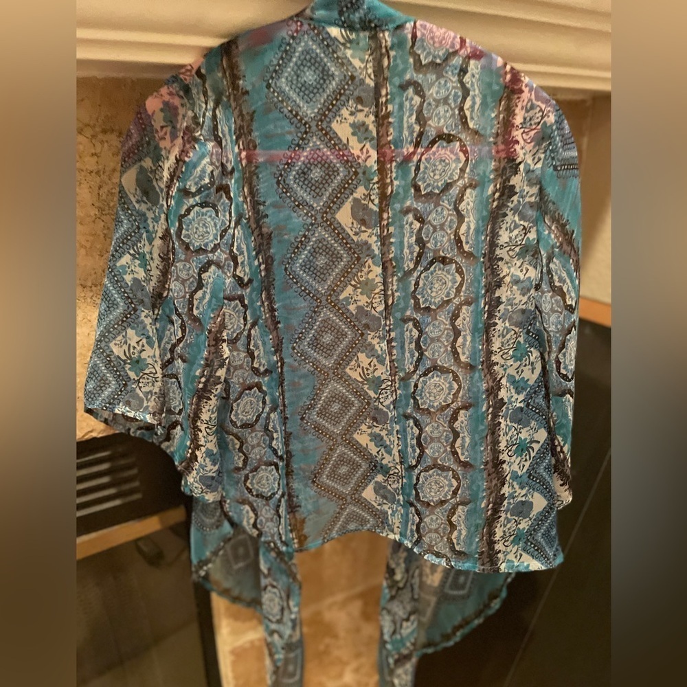 Free People Love Potion Turquoise flowy geometric kimono tie top Boho  XL - Picture 5 of 11